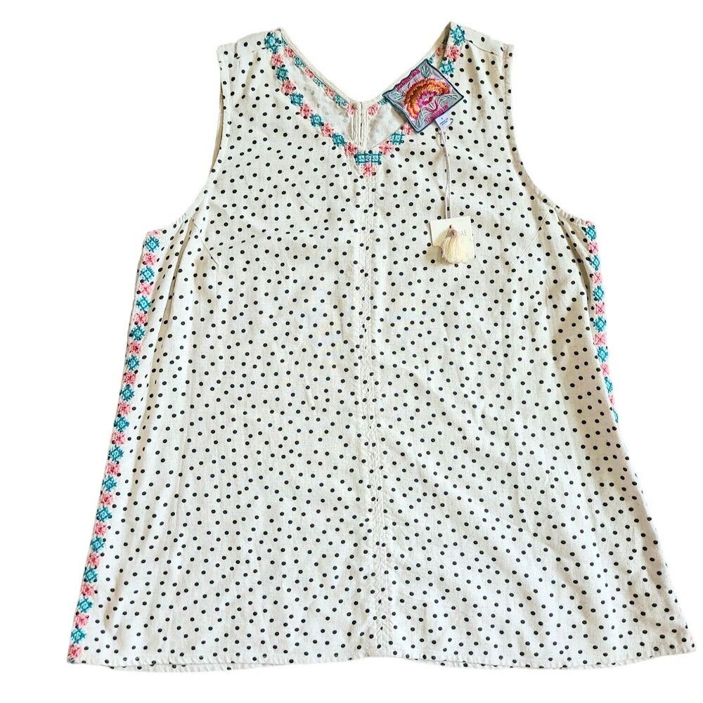 Johnny Was Linen Blend Embroidered Sleeveless Top Polka Dot Boho NWT Small